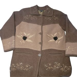 Baya Brown and Tan 100% Wool Embroidered Button-Up Cardigan Sweater M